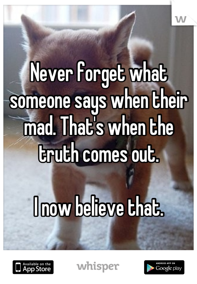 Never forget what someone says when their mad. That's when the truth comes out. 

I now believe that.