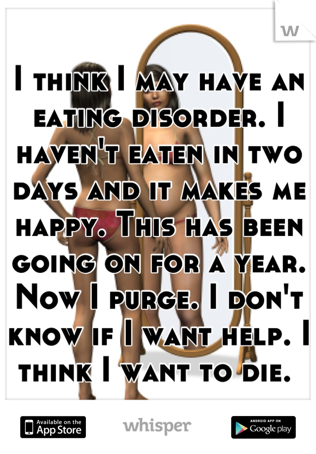 I think I may have an eating disorder. I haven't eaten in two days and it makes me happy. This has been going on for a year. Now I purge. I don't know if I want help. I think I want to die. 