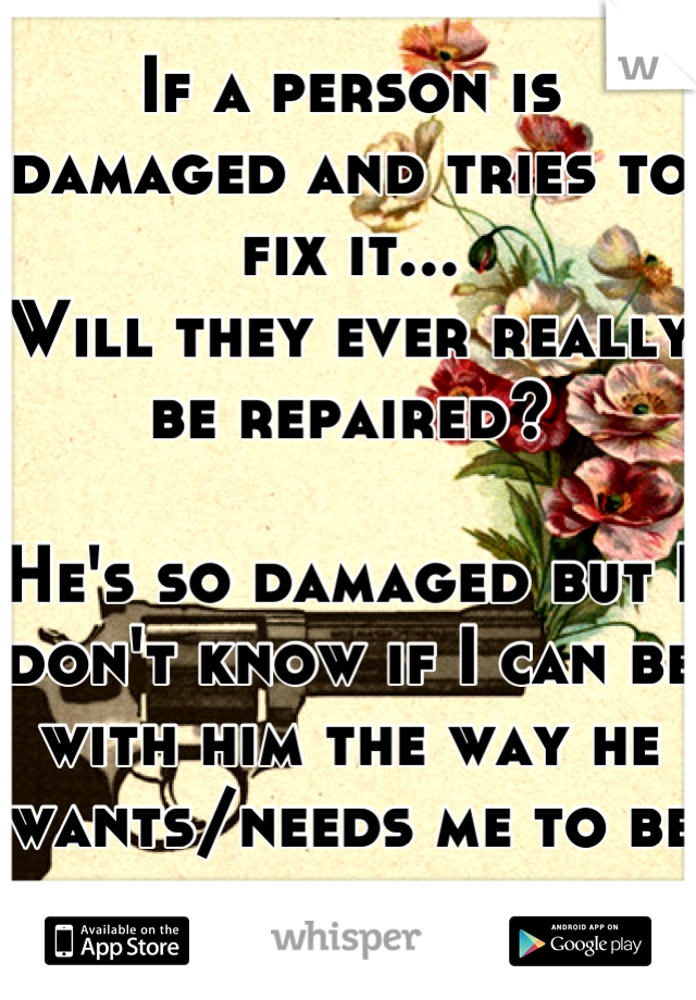If a person is damaged and tries to fix it...
Will they ever really be repaired?

He's so damaged but I don't know if I can be with him the way he wants/needs me to be sometimes...
