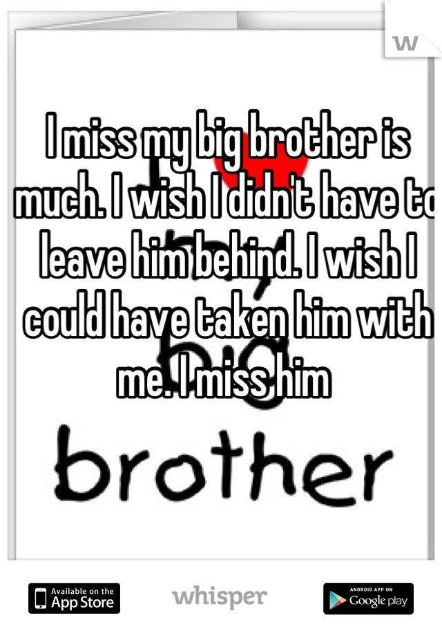 I miss my big brother is much. I wish I didn't have to leave him behind. I wish I could have taken him with me. I miss him 
