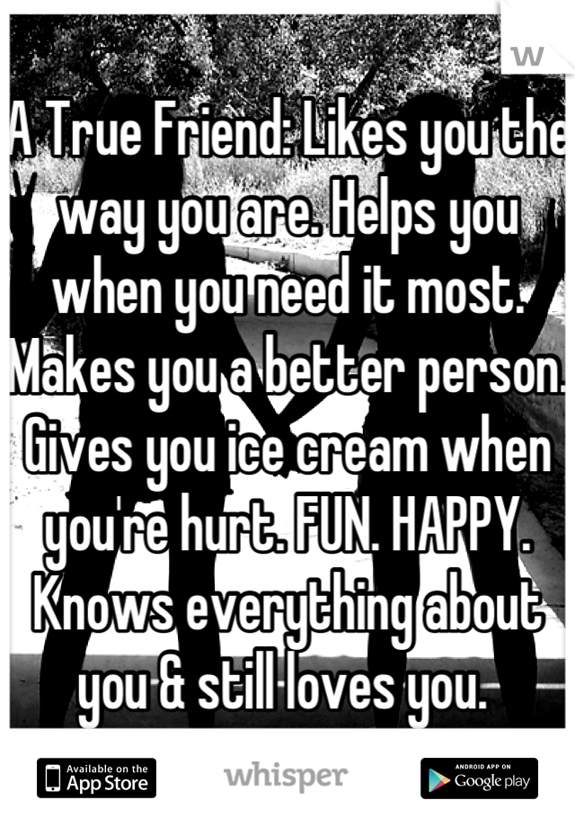 A True Friend: Likes you the way you are. Helps you when you need it most. Makes you a better person. Gives you ice cream when you're hurt. FUN. HAPPY. Knows everything about you & still loves you. 