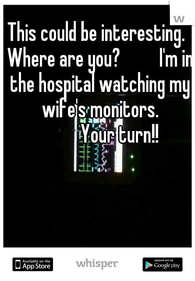 This could be interesting.  Where are you?



I'm in the hospital watching my wife's monitors. 



Your turn!!