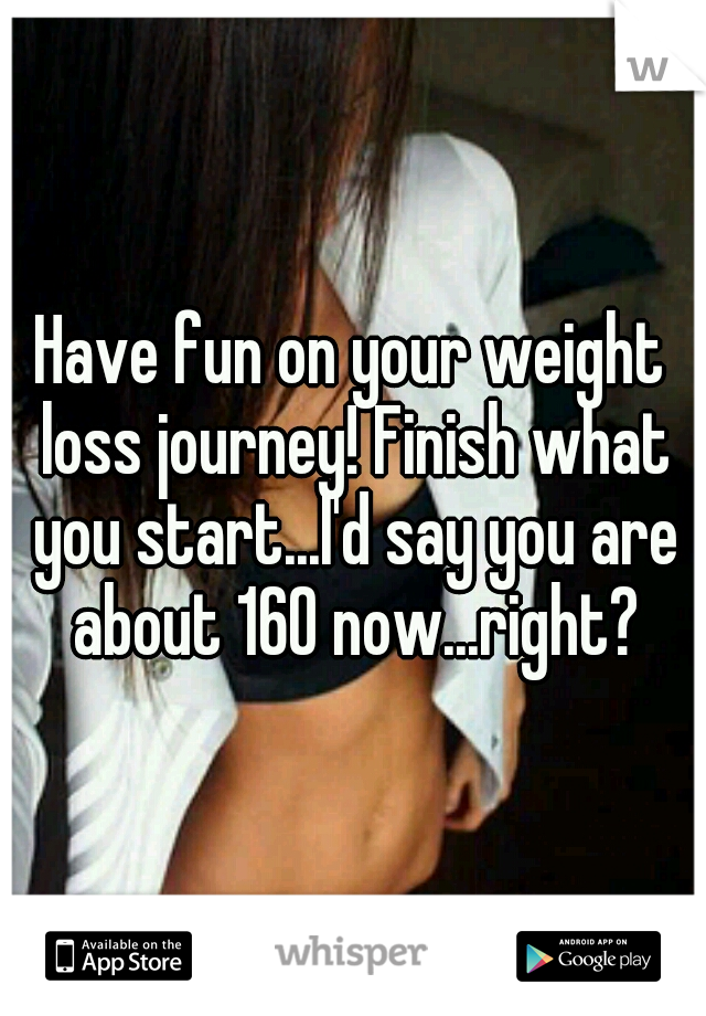 Have fun on your weight loss journey! Finish what you start...I'd say you are about 160 now...right?