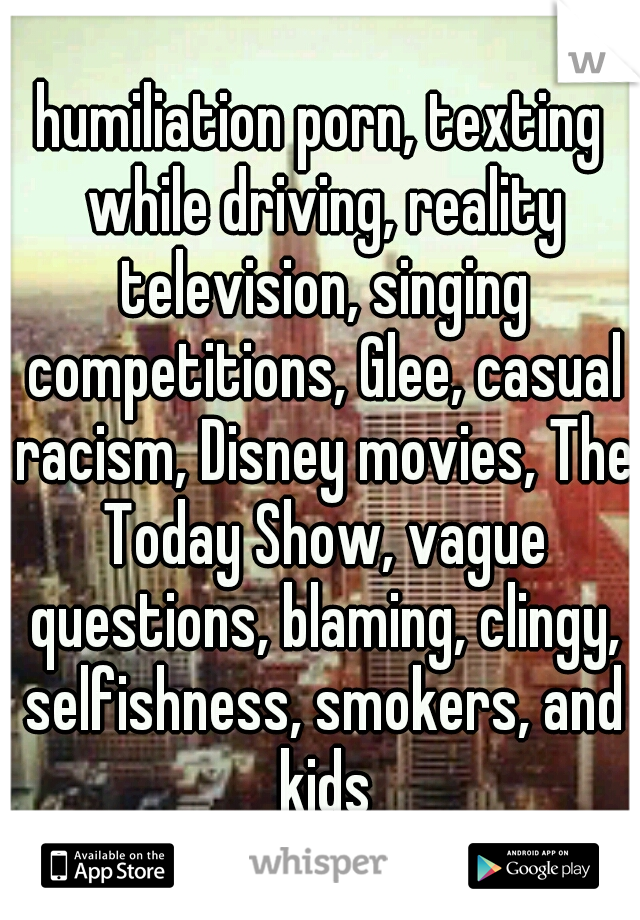 humiliation porn, texting while driving, reality television, singing competitions, Glee, casual racism, Disney movies, The Today Show, vague questions, blaming, clingy, selfishness, smokers, and kids