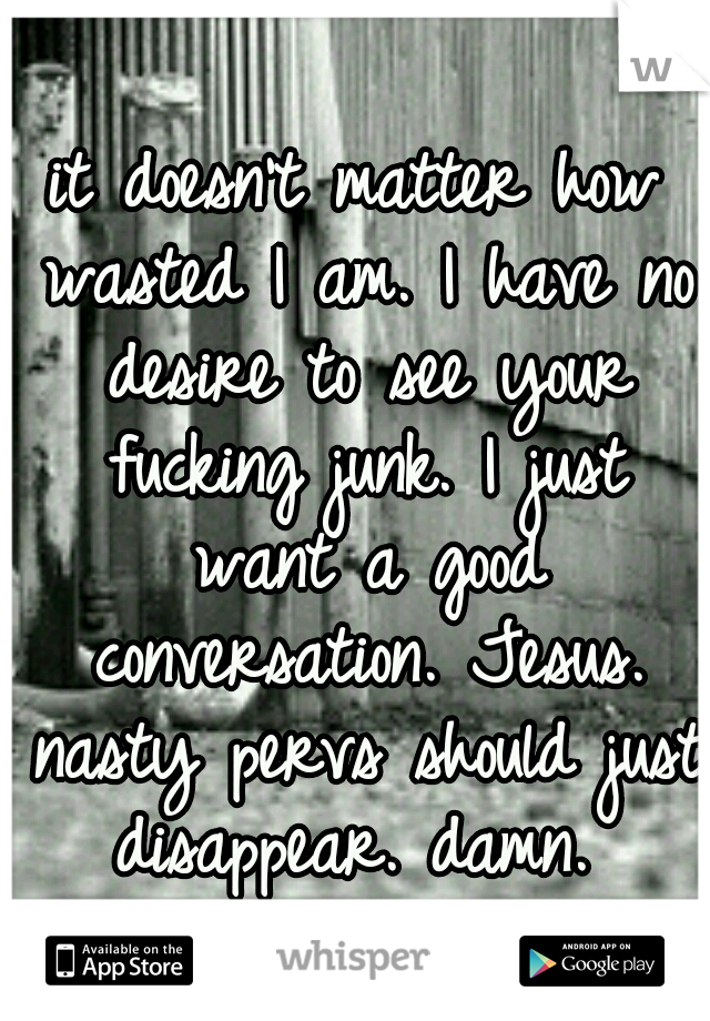 it doesn't matter how wasted I am. I have no desire to see your fucking junk. I just want a good conversation. Jesus. nasty pervs should just disappear. damn. 