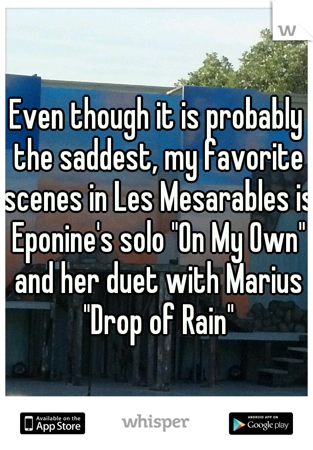 Even though it is probably the saddest, my favorite scenes in Les Mesarables is Eponine's solo "On My Own" and her duet with Marius "Drop of Rain"