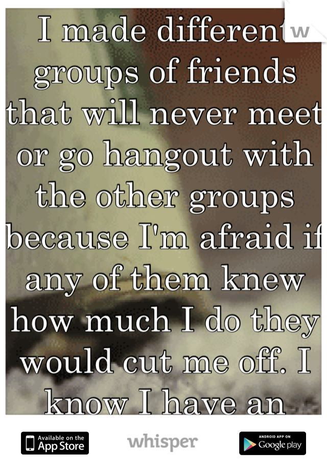 I made different groups of friends that will never meet or go hangout with the other groups because I'm afraid if any of them knew how much I do they would cut me off. I know I have an addiction :(
