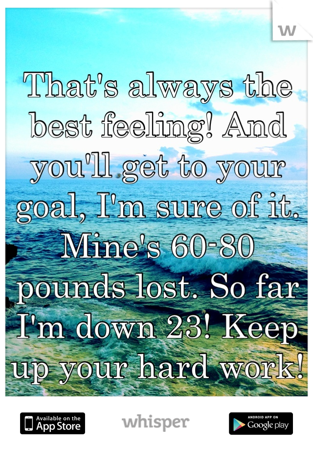 That's always the best feeling! And you'll get to your goal, I'm sure of it. Mine's 60-80 pounds lost. So far I'm down 23! Keep up your hard work!