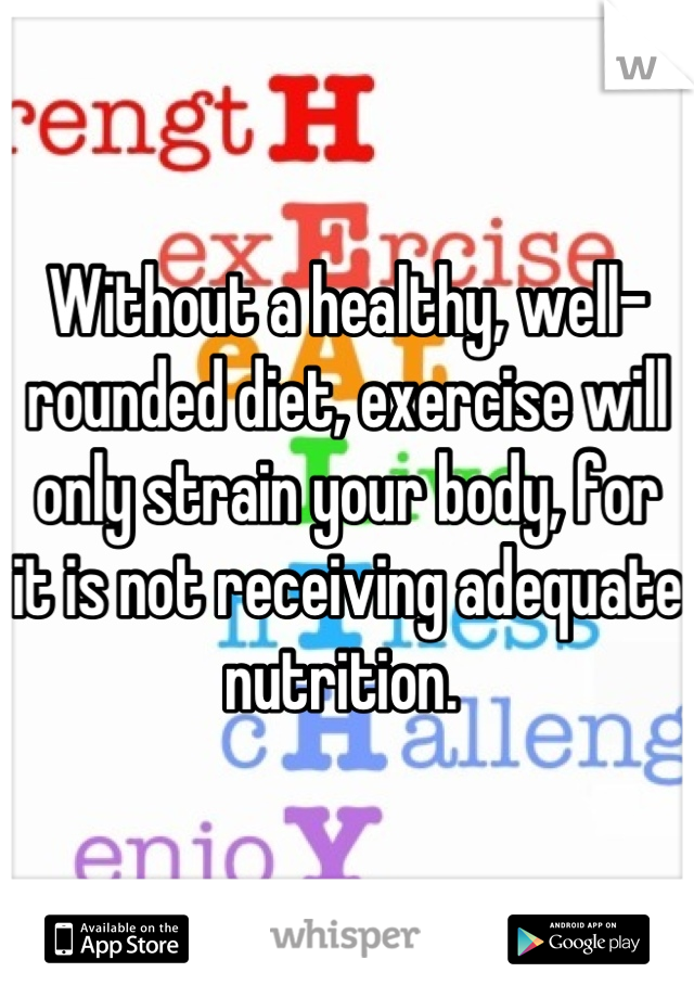 Without a healthy, well-rounded diet, exercise will only strain your body, for it is not receiving adequate nutrition. 