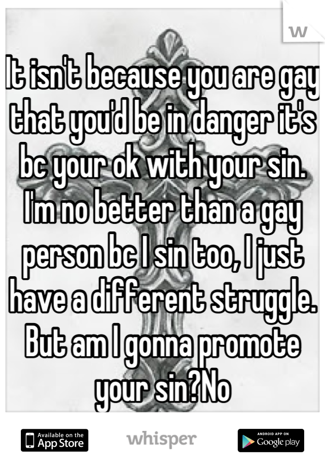 It isn't because you are gay that you'd be in danger it's bc your ok with your sin. I'm no better than a gay person bc I sin too, I just have a different struggle. But am I gonna promote your sin?No