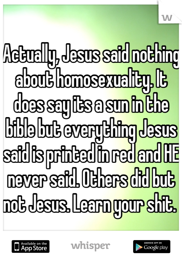 Actually, Jesus said nothing about homosexuality. It does say its a sun in the bible but everything Jesus said is printed in red and HE never said. Others did but not Jesus. Learn your shit. 