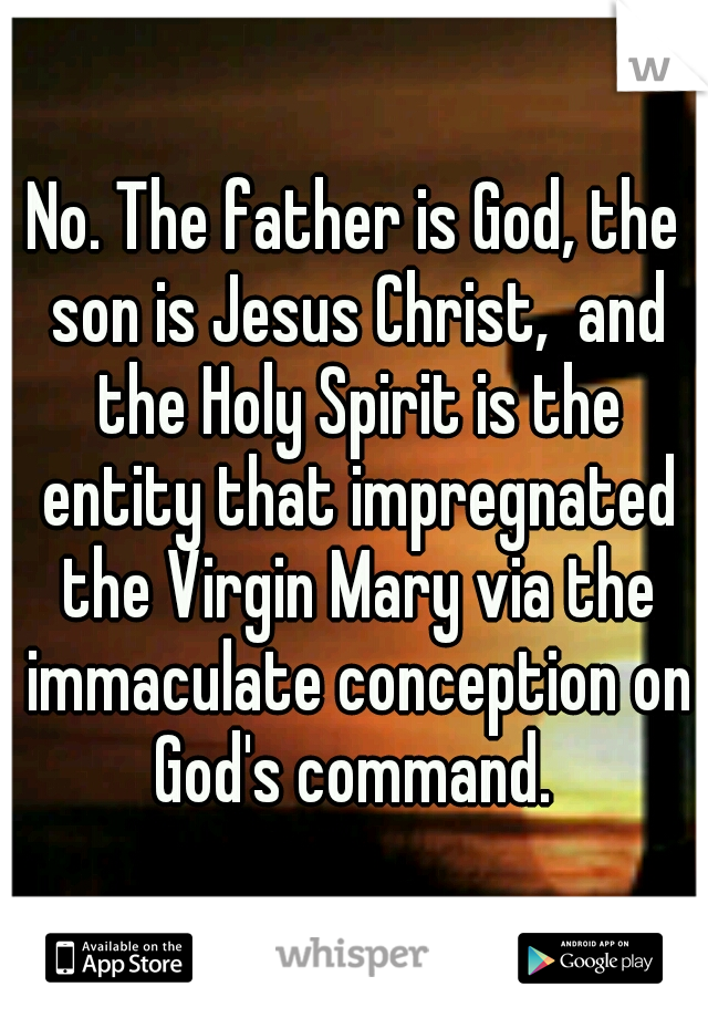 No. The father is God, the son is Jesus Christ,  and the Holy Spirit is the entity that impregnated the Virgin Mary via the immaculate conception on God's command. 