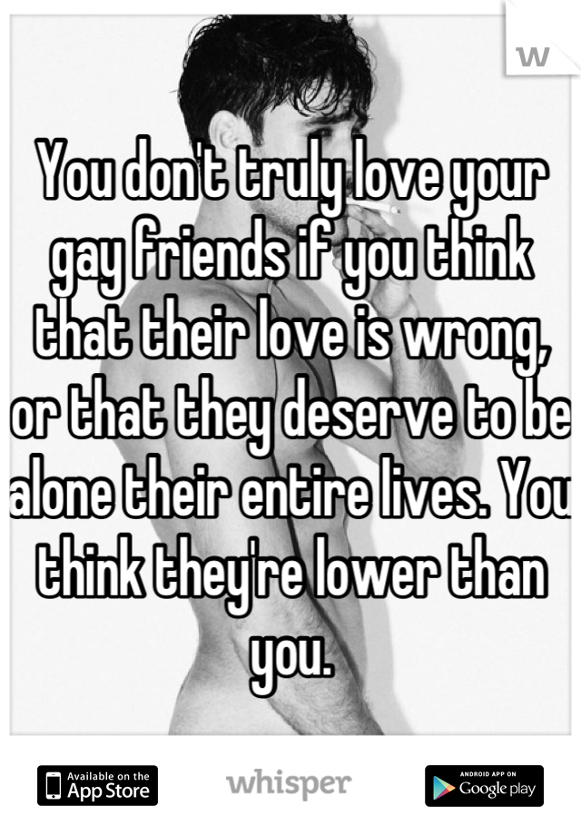 You don't truly love your gay friends if you think that their love is wrong, or that they deserve to be alone their entire lives. You think they're lower than you.