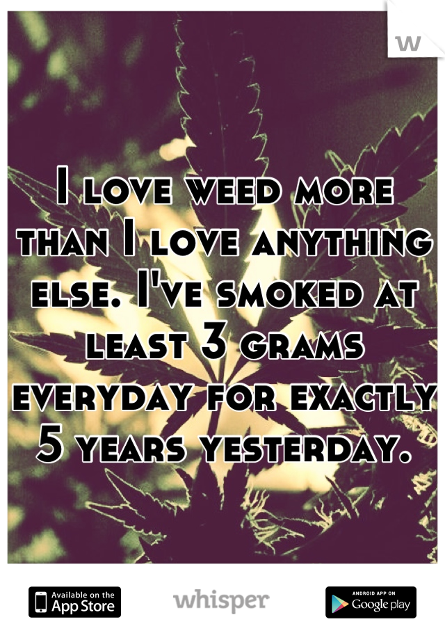 I love weed more than I love anything else. I've smoked at least 3 grams everyday for exactly 5 years yesterday.