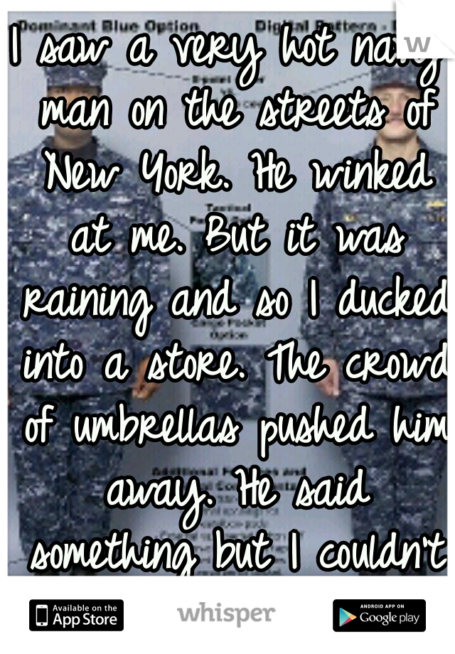 I saw a very hot navy man on the streets of New York. He winked at me. But it was raining and so I ducked into a store. The crowd of umbrellas pushed him away. He said something but I couldn't hear :(
