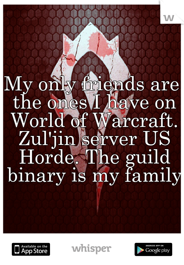 My only friends are the ones I have on World of Warcraft. Zul'jin server US Horde. The guild binary is my family.