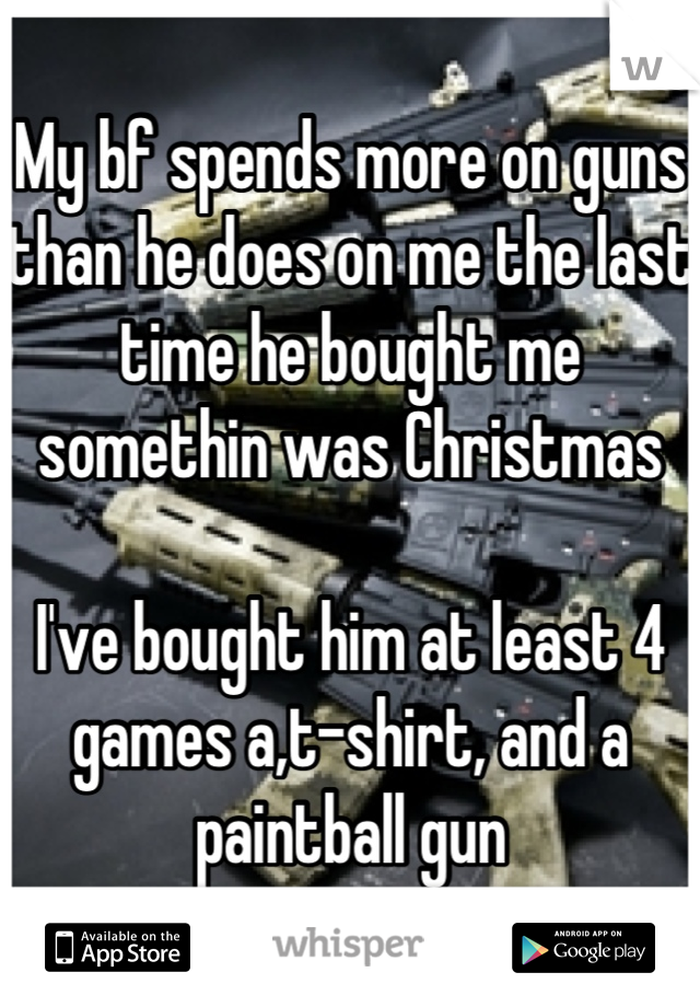 My bf spends more on guns than he does on me the last time he bought me somethin was Christmas 

I've bought him at least 4 games a,t-shirt, and a paintball gun