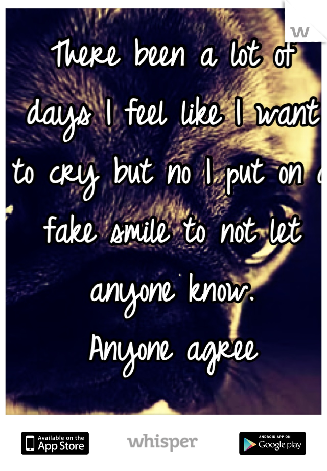 There been a lot of days I feel like I want to cry but no I put on a fake smile to not let anyone know. 
Anyone agree