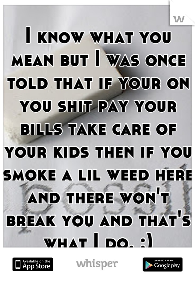I know what you mean but I was once told that if your on you shit pay your bills take care of your kids then if you smoke a lil weed here and there won't break you and that's what I do. :)