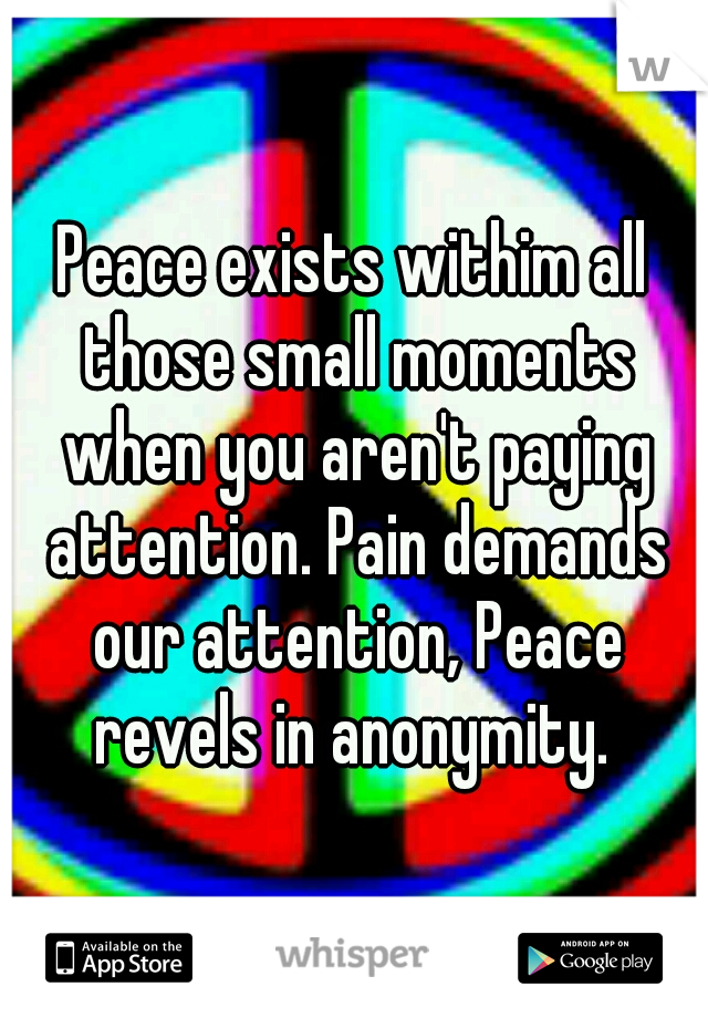 Peace exists withim all those small moments when you aren't paying attention. Pain demands our attention, Peace revels in anonymity. 