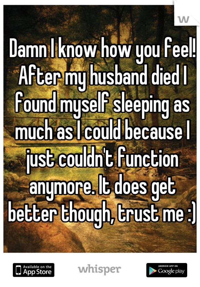Damn I know how you feel! After my husband died I found myself sleeping as much as I could because I just couldn't function anymore. It does get better though, trust me :)