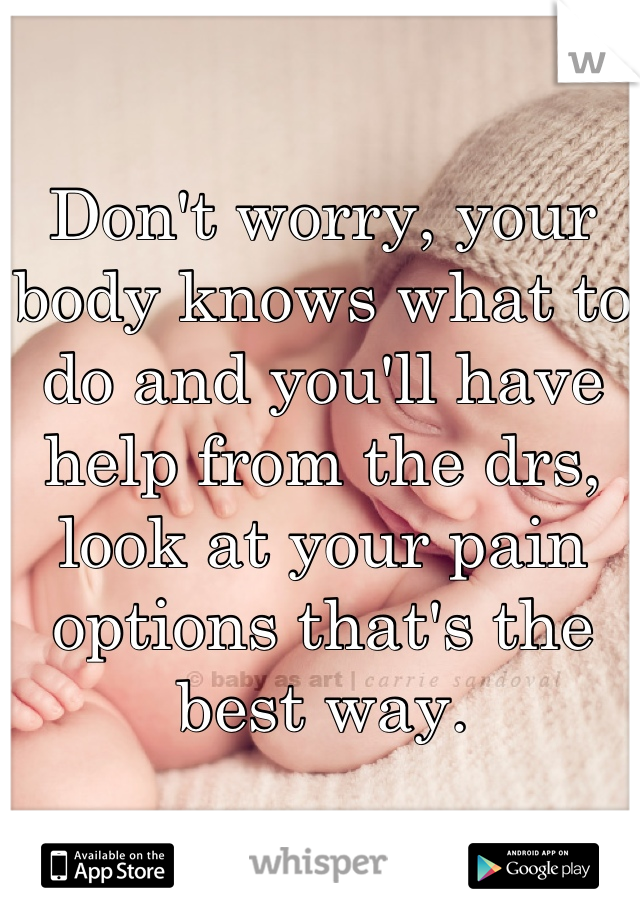 Don't worry, your body knows what to do and you'll have help from the drs, look at your pain options that's the best way.
