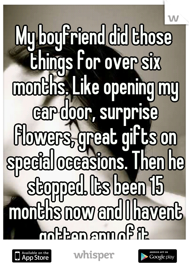 My boyfriend did those things for over six months. Like opening my car door, surprise flowers, great gifts on special occasions. Then he stopped. Its been 15 months now and I havent gotten any of it.