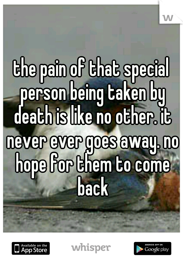 the pain of that special person being taken by death is like no other. it never ever goes away. no hope for them to come back