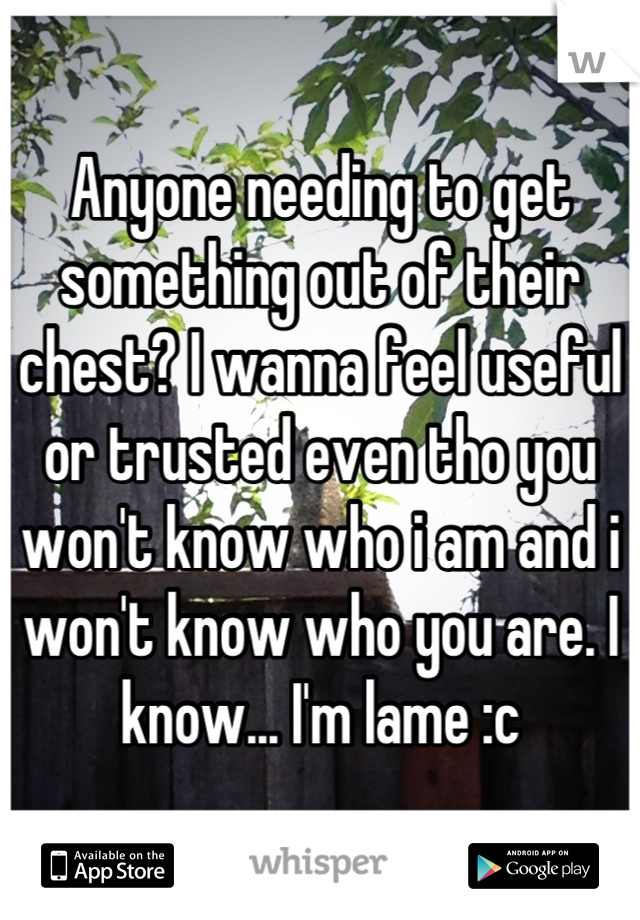 Anyone needing to get something out of their chest? I wanna feel useful or trusted even tho you won't know who i am and i won't know who you are. I know... I'm lame :c
