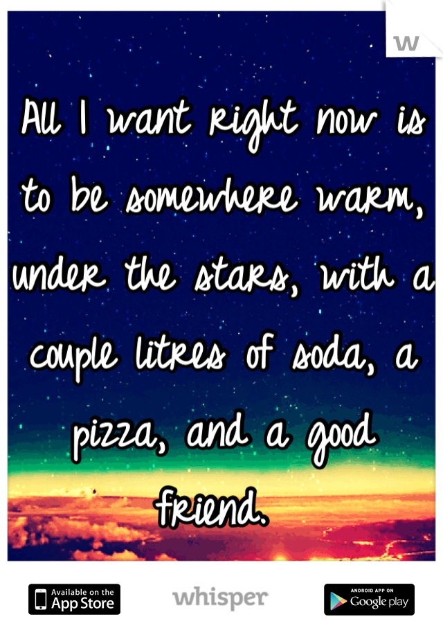 All I want right now is to be somewhere warm, under the stars, with a couple litres of soda, a pizza, and a good friend. 