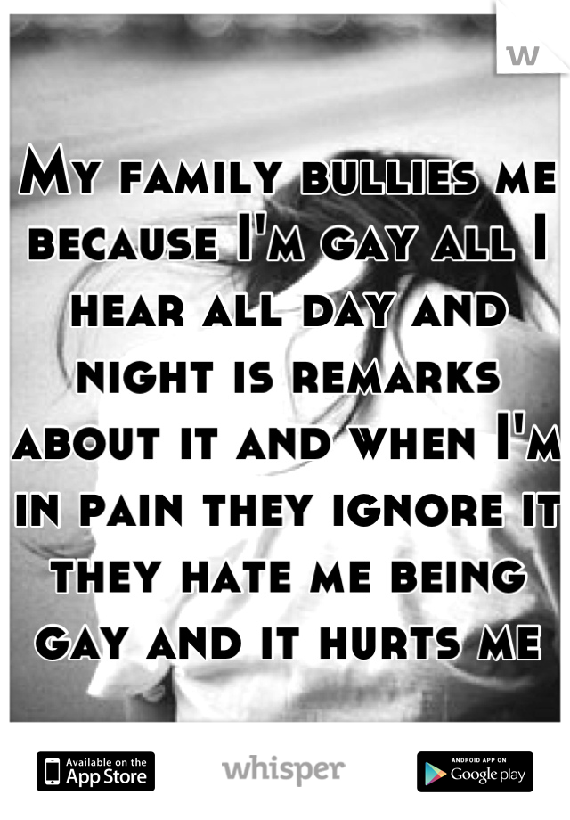 My family bullies me because I'm gay all I hear all day and night is remarks about it and when I'm in pain they ignore it they hate me being gay and it hurts me