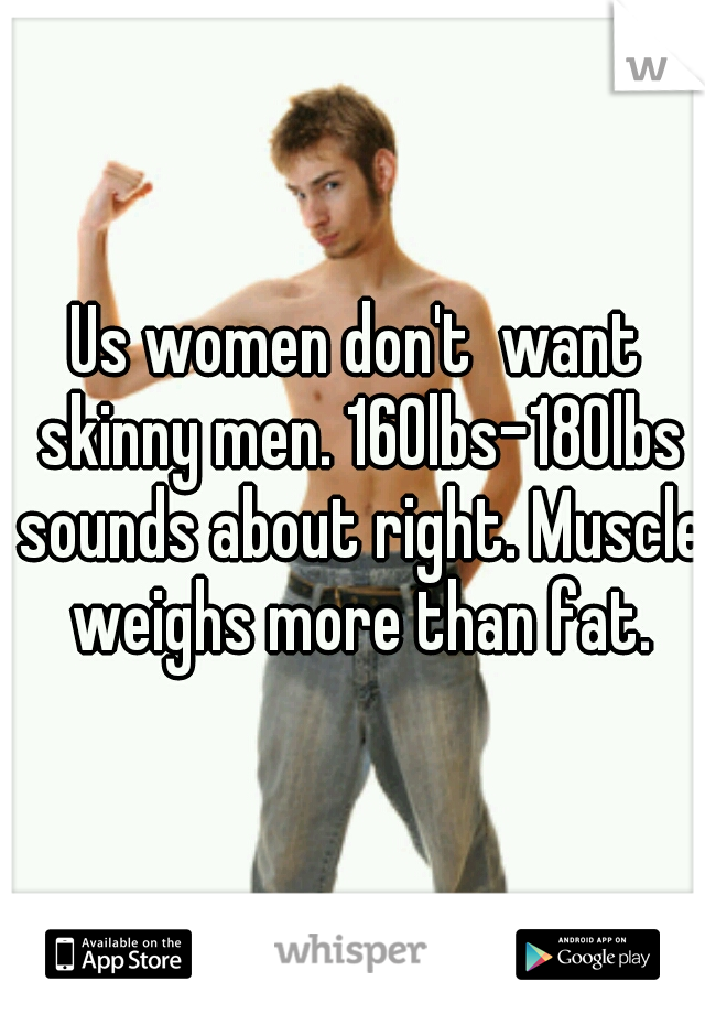Us women don't  want skinny men. 160lbs-180lbs sounds about right. Muscle weighs more than fat.
