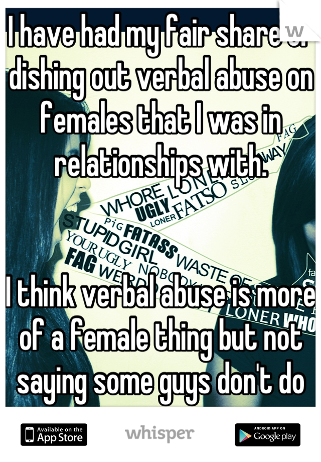 I have had my fair share of dishing out verbal abuse on females that I was in relationships with.


I think verbal abuse is more of a female thing but not saying some guys don't do it