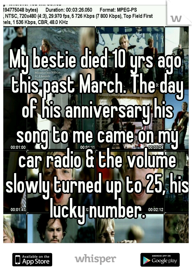 My bestie died 10 yrs ago this past March. The day of his anniversary his song to me came on my car radio & the volume slowly turned up to 25, his lucky number.