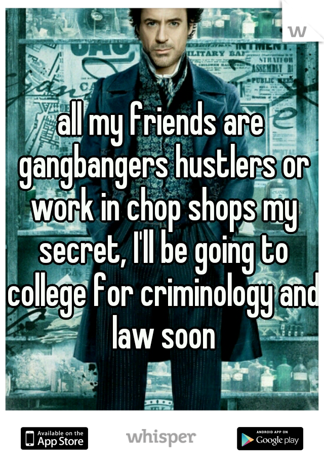 all my friends are gangbangers hustlers or work in chop shops my secret, I'll be going to college for criminology and law soon