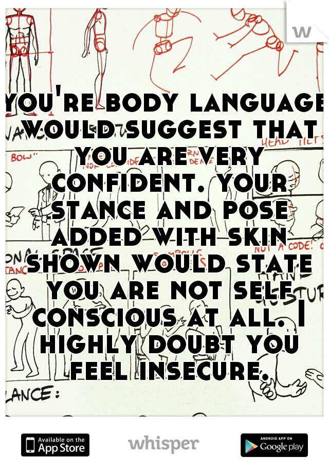 you're body language would suggest that you are very confident. your stance and pose added with skin shown would state you are not self conscious at all. I highly doubt you feel insecure.