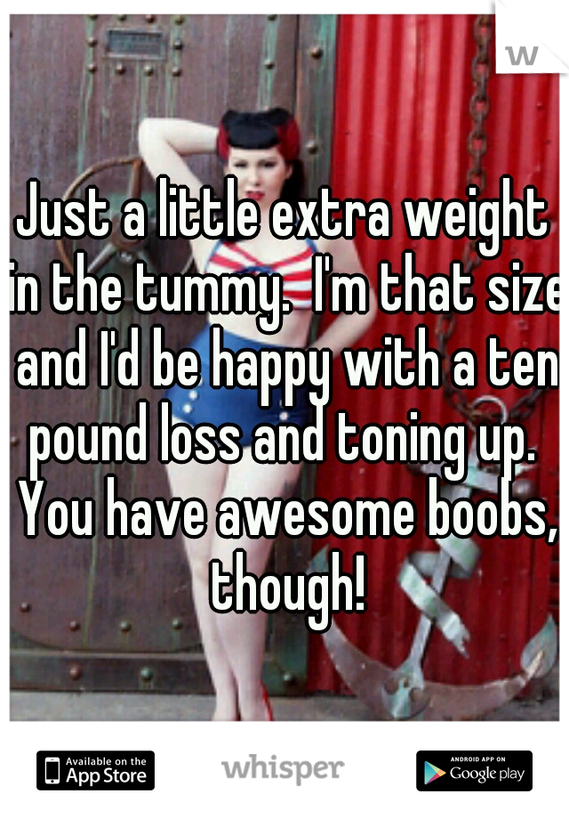 Just a little extra weight in the tummy.  I'm that size and I'd be happy with a ten pound loss and toning up.  You have awesome boobs, though!