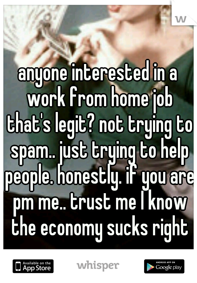 anyone interested in a work from home job that's legit? not trying to spam.. just trying to help people. honestly. if you are pm me.. trust me I know the economy sucks right now