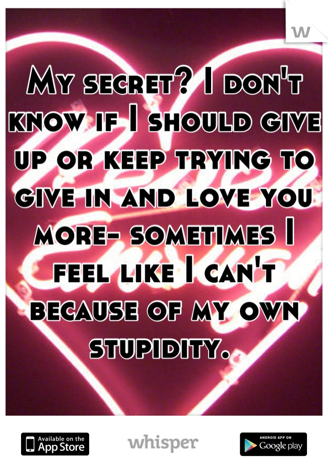 My secret? I don't know if I should give up or keep trying to give in and love you more- sometimes I feel like I can't because of my own stupidity. 