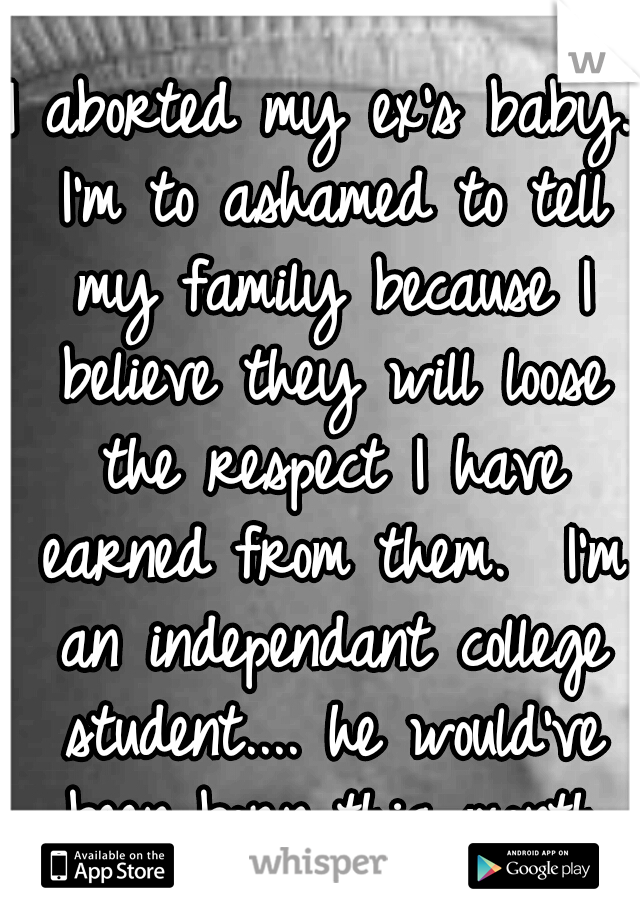 I aborted my ex's baby. I'm to ashamed to tell my family because I believe they will loose the respect I have earned from them. 
I'm an independant college student....
he would've been born thia month
