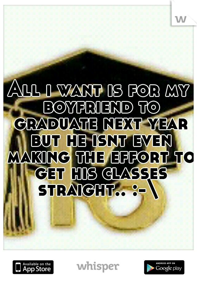 All i want is for my boyfriend to graduate next year but he isnt even making the effort to get his classes straight.. :-\ 