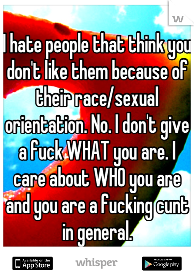 I hate people that think you don't like them because of their race/sexual orientation. No. I don't give a fuck WHAT you are. I care about WHO you are and you are a fucking cunt in general.