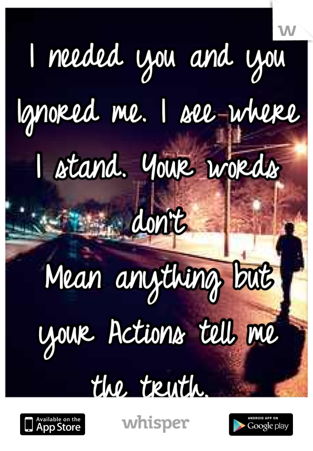 I needed you and you
Ignored me. I see where
I stand. Your words don't 
Mean anything but 
your Actions tell me 
the truth. 