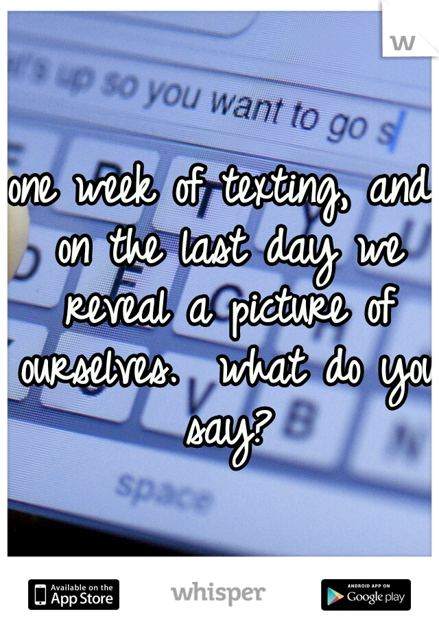 one week of texting, and on the last day we reveal a picture of ourselves.  what do you say?