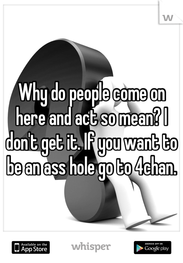 Why do people come on here and act so mean? I don't get it. If you want to be an ass hole go to 4chan.