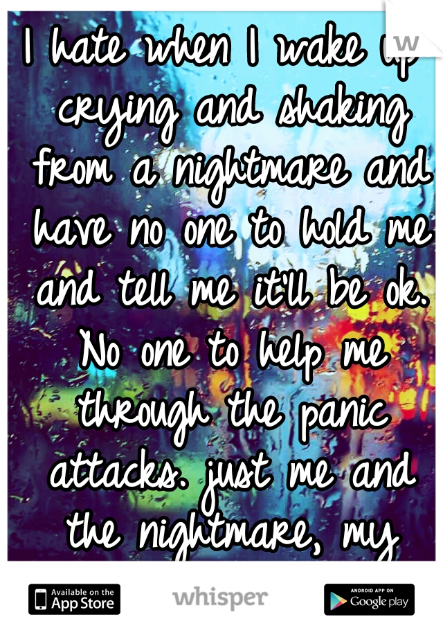 I hate when I wake up crying and shaking from a nightmare and have no one to hold me and tell me it'll be ok. No one to help me through the panic attacks. just me and the nightmare, my worst fear.