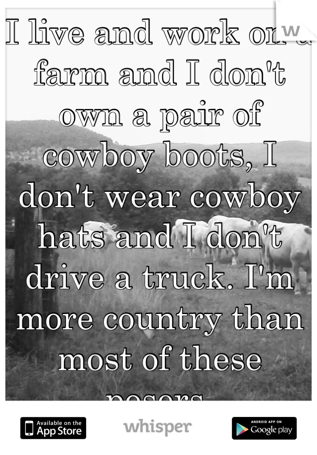 I live and work on a farm and I don't own a pair of cowboy boots, I don't wear cowboy hats and I don't drive a truck. I'm more country than most of these posers.