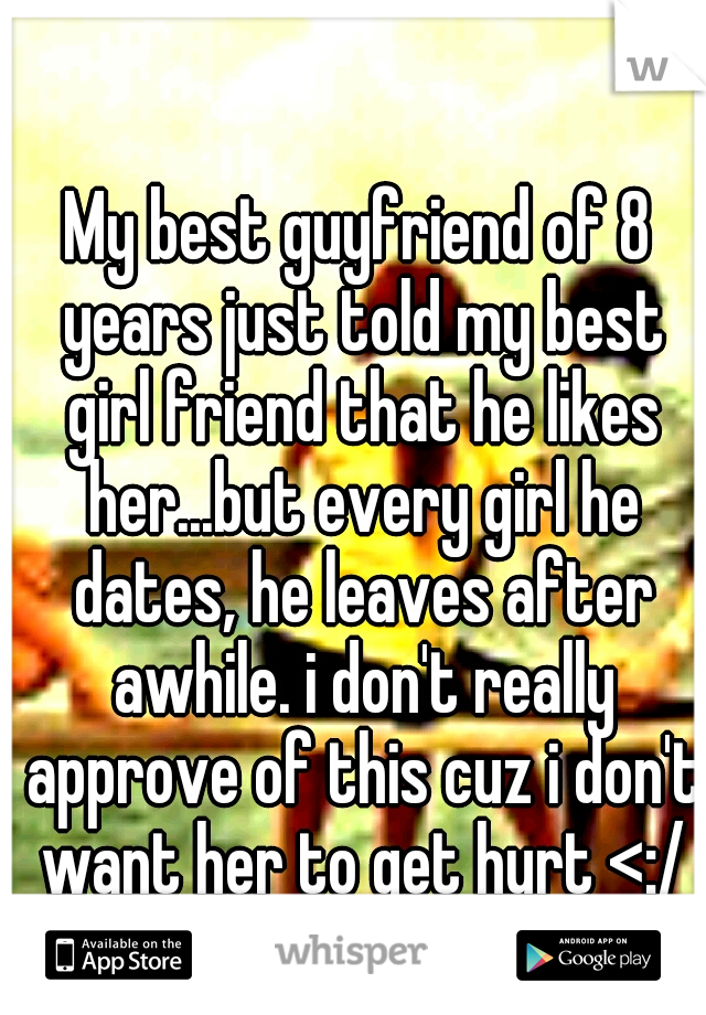 My best guyfriend of 8 years just told my best girl friend that he likes her...but every girl he dates, he leaves after awhile. i don't really approve of this cuz i don't want her to get hurt <:/