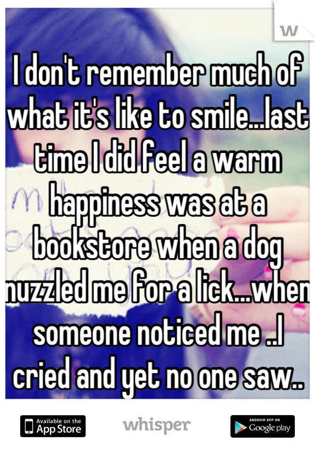 I don't remember much of what it's like to smile...last time I did feel a warm happiness was at a bookstore when a dog nuzzled me for a lick...when someone noticed me ..I cried and yet no one saw..