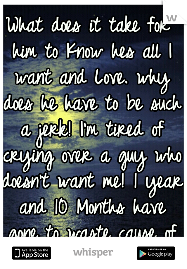 What does it take for him to Know hes all I want and Love. why does he have to be such a jerk! I'm tired of crying over a guy who doesn't want me! 1 year and 10 Months have gone to waste cause of him.